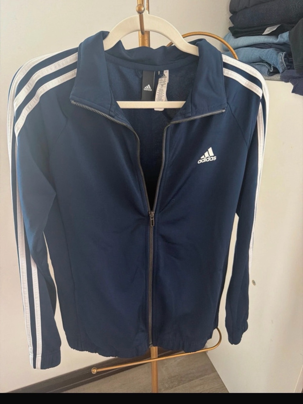 Adidas Men’s Navy Blue Track Jacket with White Stripes